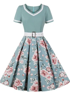 New Retro Stage 1950s Floral Patchwork Swing Dress