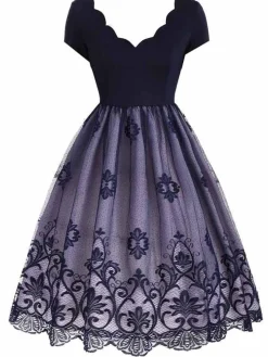 Best Retro Stage 1950s Floral Patchwork Swing Dress Blue