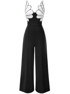 Hot Retro Stage 1930s Floral Patchwork V-Neck Straps Jumpsuit