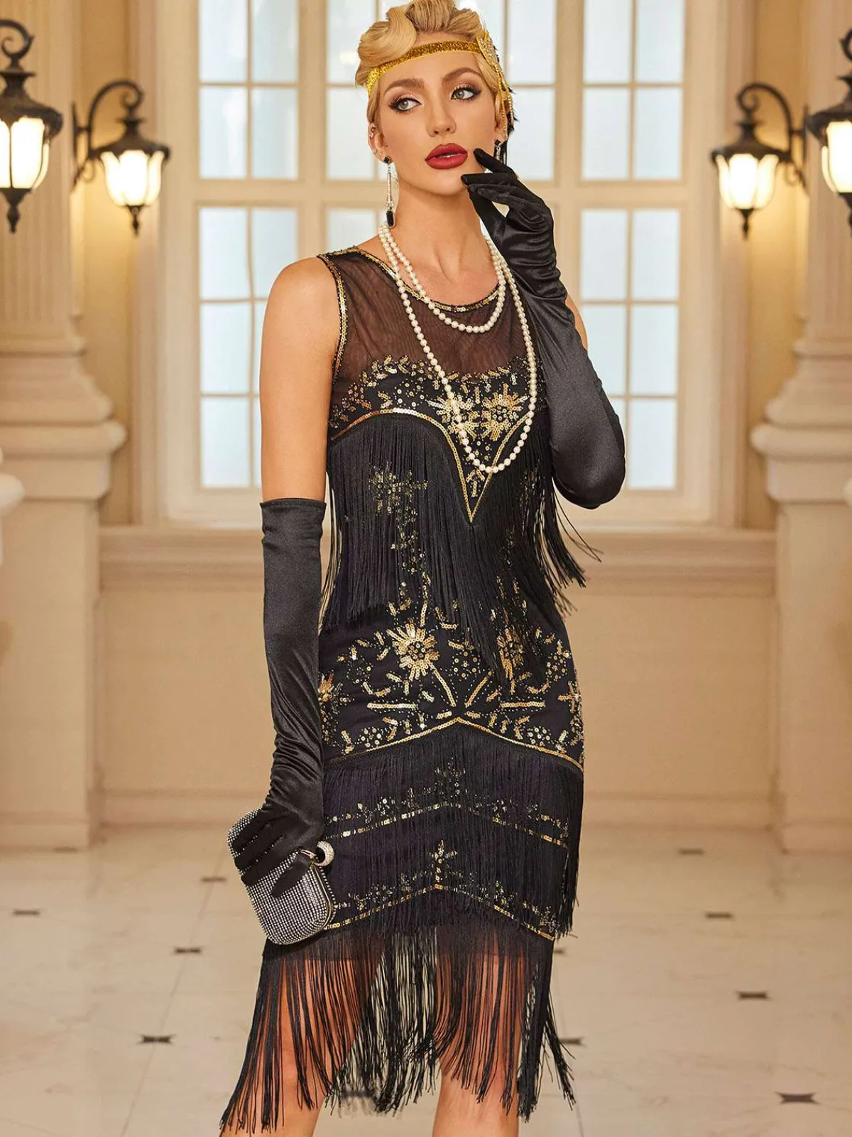 Fashion Retro Stage 1920s Floral Pattern Mesh Sequined Tassel Dress