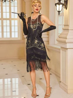 Fashion Retro Stage 1920s Floral Pattern Mesh Sequined Tassel Dress