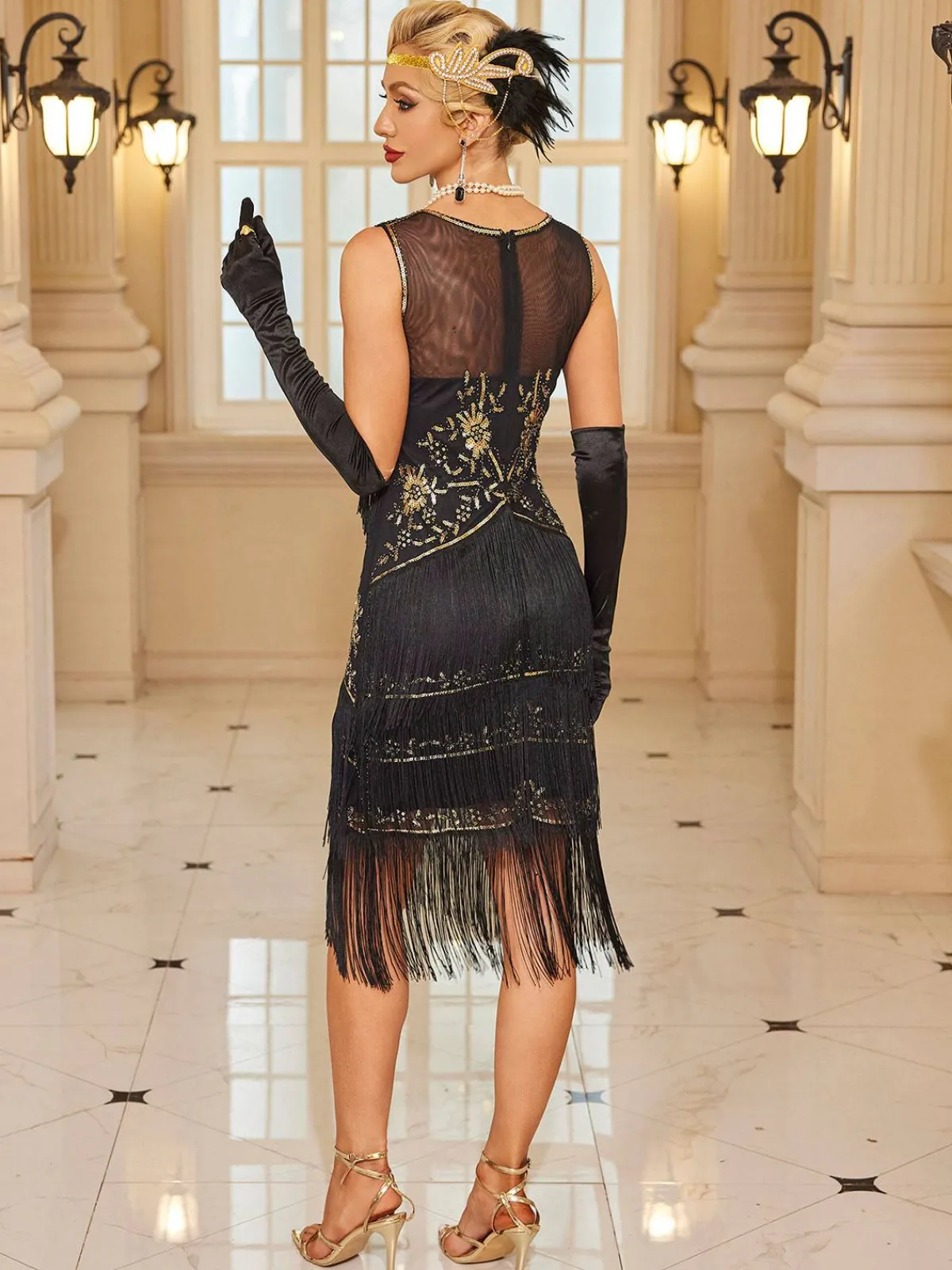 Fashion Retro Stage 1920s Floral Pattern Mesh Sequined Tassel Dress