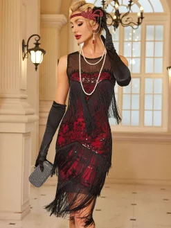 Fashion Retro Stage 1920s Floral Pattern Mesh Sequined Tassel Dress