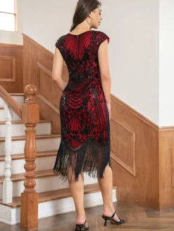 Fashion Retro Stage 1920s Floral Pattern Sequined Tassel Dress