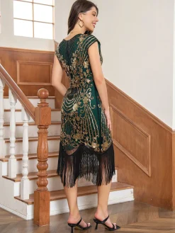 Fashion Retro Stage 1920s Floral Pattern Sequined Tassel Dress