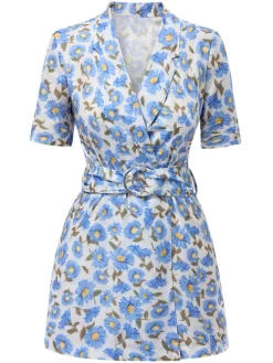 Hot Retro Stage 1960s Floral Print Lapel Belted Romper Multicolor