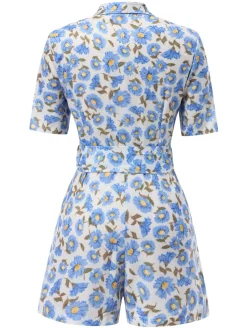 Hot Retro Stage 1960s Floral Print Lapel Belted Romper Multicolor