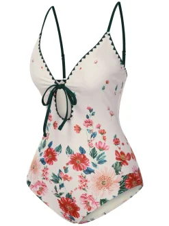 Fashion Retro Stage 1950s Floral Print Spaghetti Strap One-Piece Swimsuit