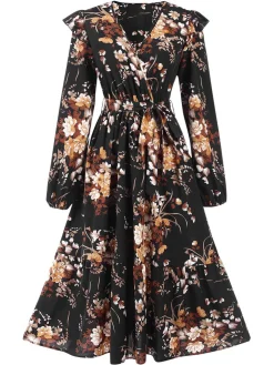 Discount Retro Stage 1940s Floral Print V-Neck Wrap Long Sleeve Dress Multicolor