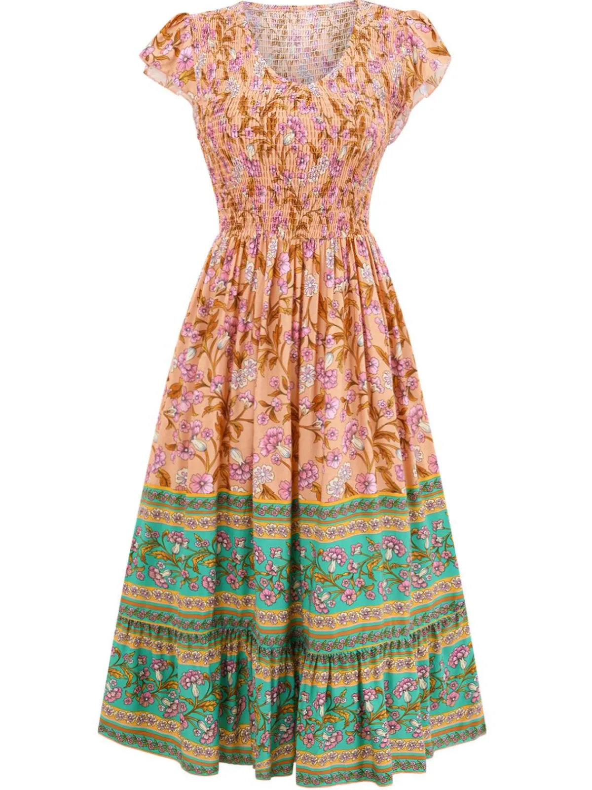 Sale Retro Stage 1970s Floral Printed Flounce Sleeves Bohemian Dress