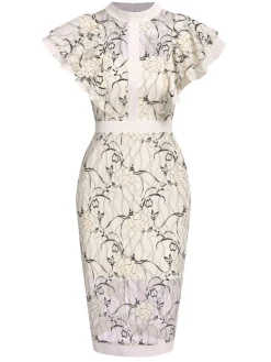 Outlet Retro Stage 1960s Floral Sheer Lace Pencil Dress Beige