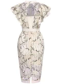 Outlet Retro Stage 1960s Floral Sheer Lace Pencil Dress Beige