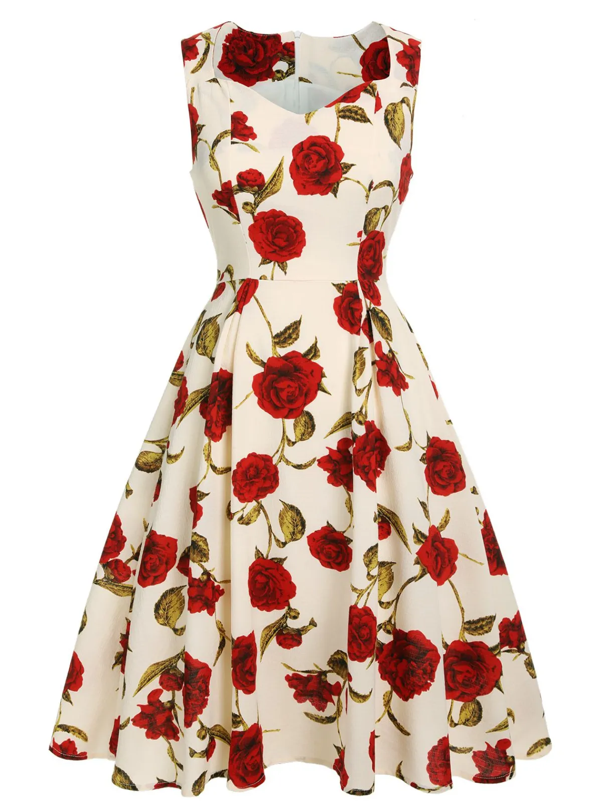 Sale Retro Stage 1950s Floral Sleeveless Heart Collar Dress Red
