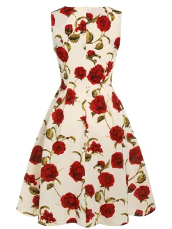 Sale Retro Stage 1950s Floral Sleeveless Heart Collar Dress Red