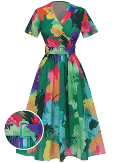 Best Retro Stage 1940s Floral V-Neck Belt Dress Multicolor