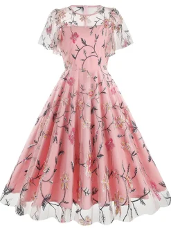 Outlet Retro Stage 1950s Flower Embroidered Mesh Swing Dress