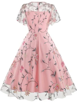 Outlet Retro Stage 1950s Flower Embroidered Mesh Swing Dress