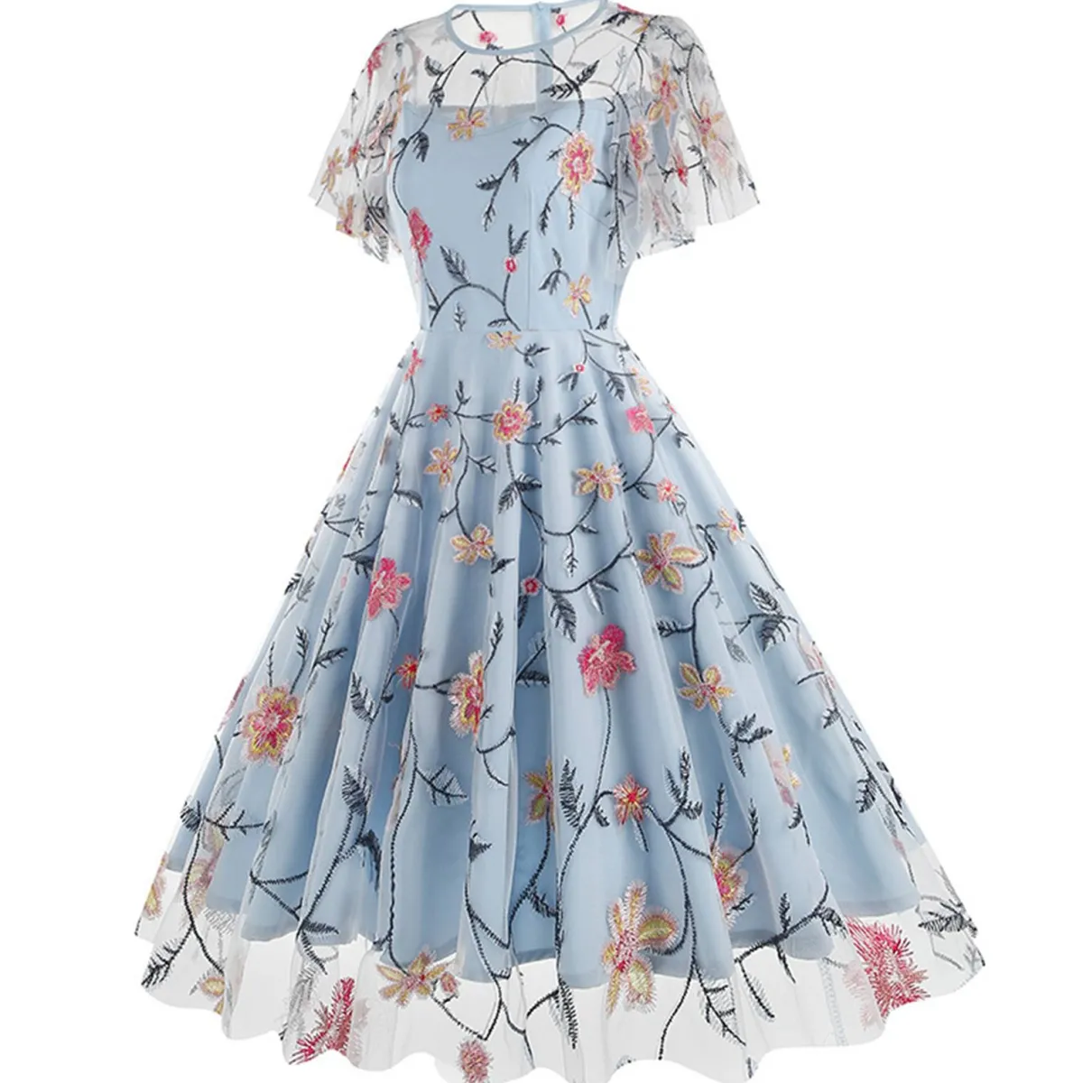 Outlet Retro Stage 1950s Flower Embroidered Mesh Swing Dress