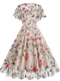 Outlet Retro Stage 1950s Flower Embroidered Mesh Swing Dress