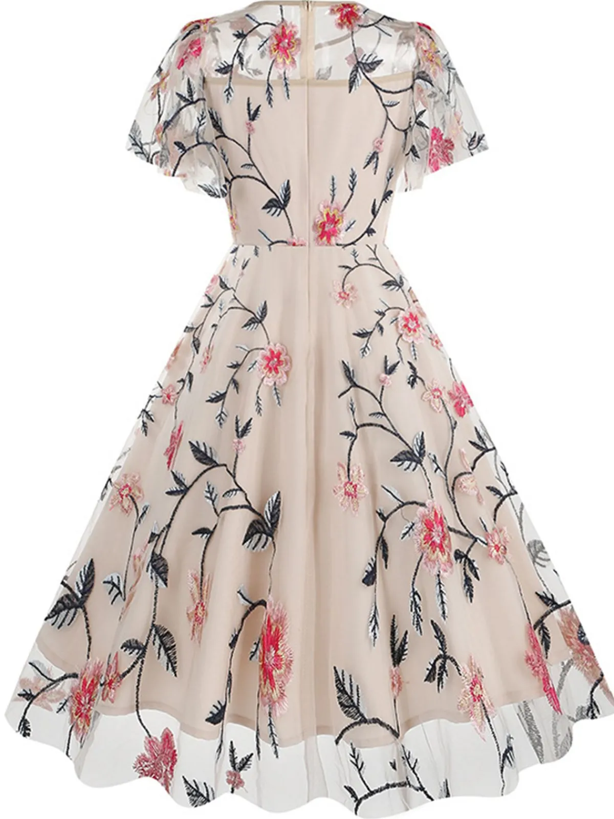 Outlet Retro Stage 1950s Flower Embroidered Mesh Swing Dress