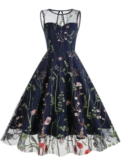Online Retro Stage 1950s Flower Gauze Sleeveless Swing Dress
