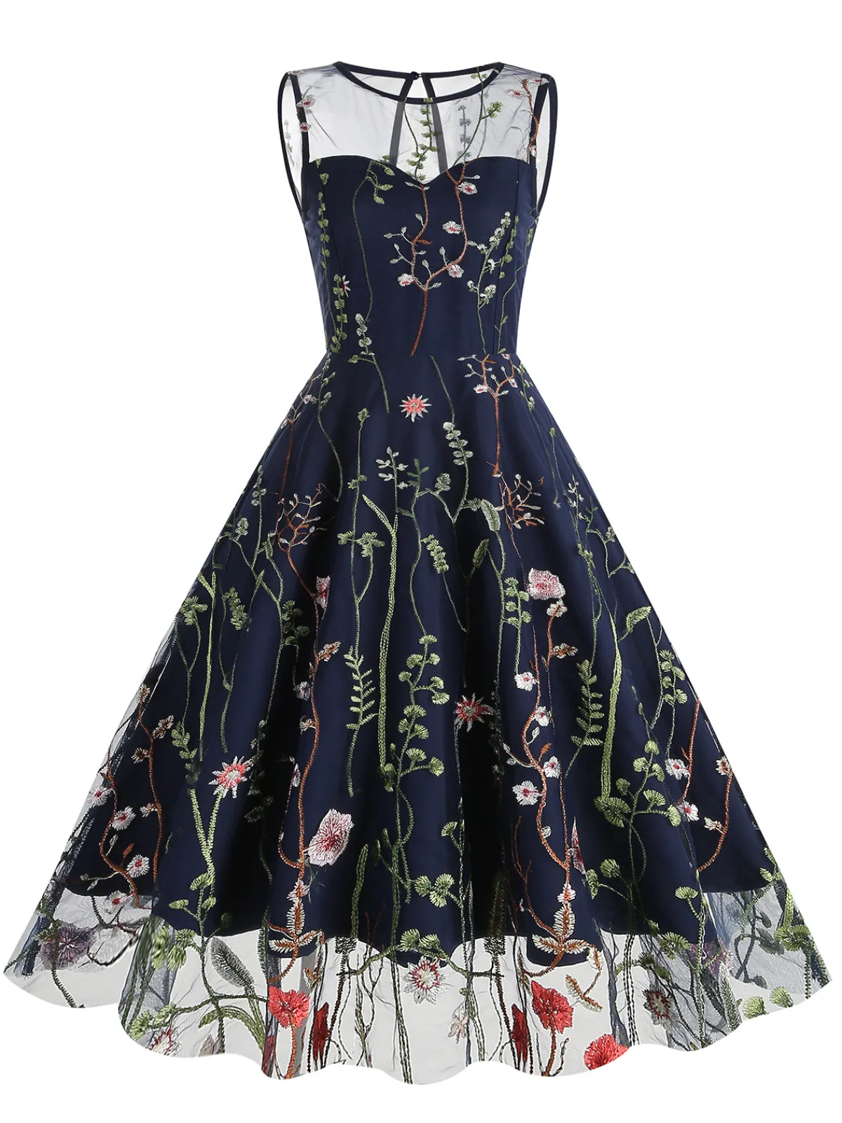 Online Retro Stage 1950s Flower Gauze Sleeveless Swing Dress