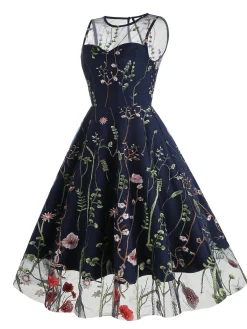 Online Retro Stage 1950s Flower Gauze Sleeveless Swing Dress