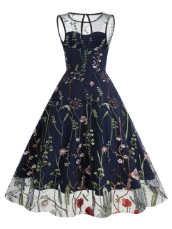 Online Retro Stage 1950s Flower Gauze Sleeveless Swing Dress