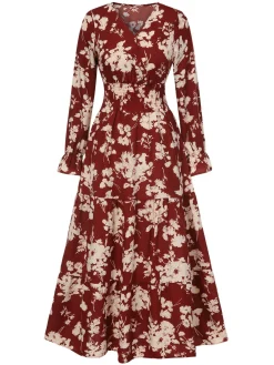 Outlet Retro Stage 1930s Flower Silhouette V-Neck Maxi Dress
