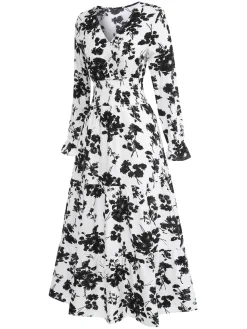 Outlet Retro Stage 1930s Flower Silhouette V-Neck Maxi Dress