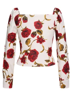 Online Retro Stage 1960s French Rose Floral Slashed Blouse Red