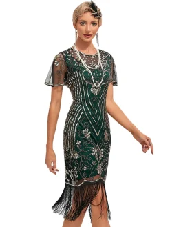 Sale Retro Stage 1920s Fringed 3D Beaded Dress