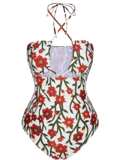 Hot Retro Stage 1960s Front Hollow Floral Halter Swimsuit Multicolor