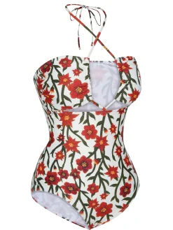 Hot Retro Stage 1960s Front Hollow Floral Halter Swimsuit Multicolor