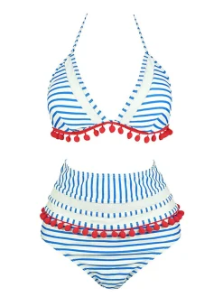 Online Retro Stage 1970s Fur Ball Pendant Tassel Striped Swimsuit