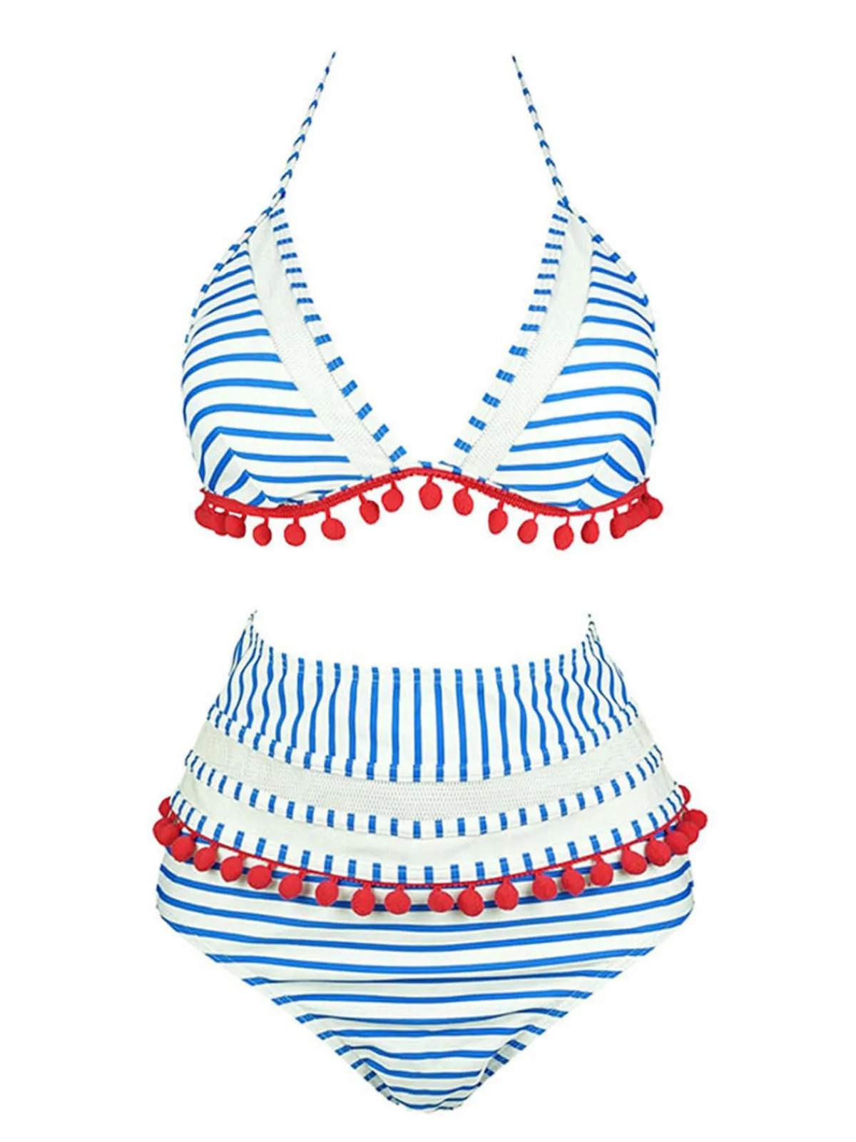 Online Retro Stage 1970s Fur Ball Pendant Tassel Striped Swimsuit