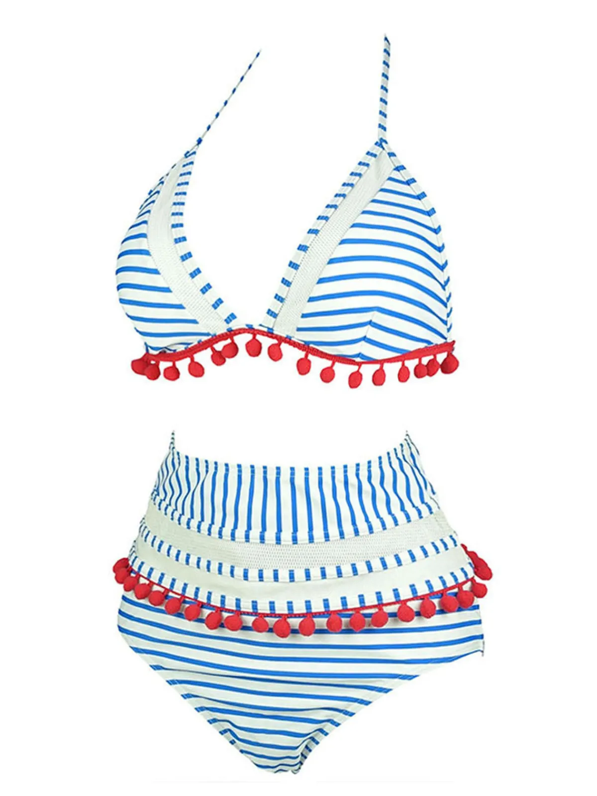 Online Retro Stage 1970s Fur Ball Pendant Tassel Striped Swimsuit