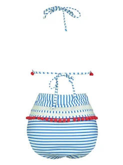 Online Retro Stage 1970s Fur Ball Pendant Tassel Striped Swimsuit