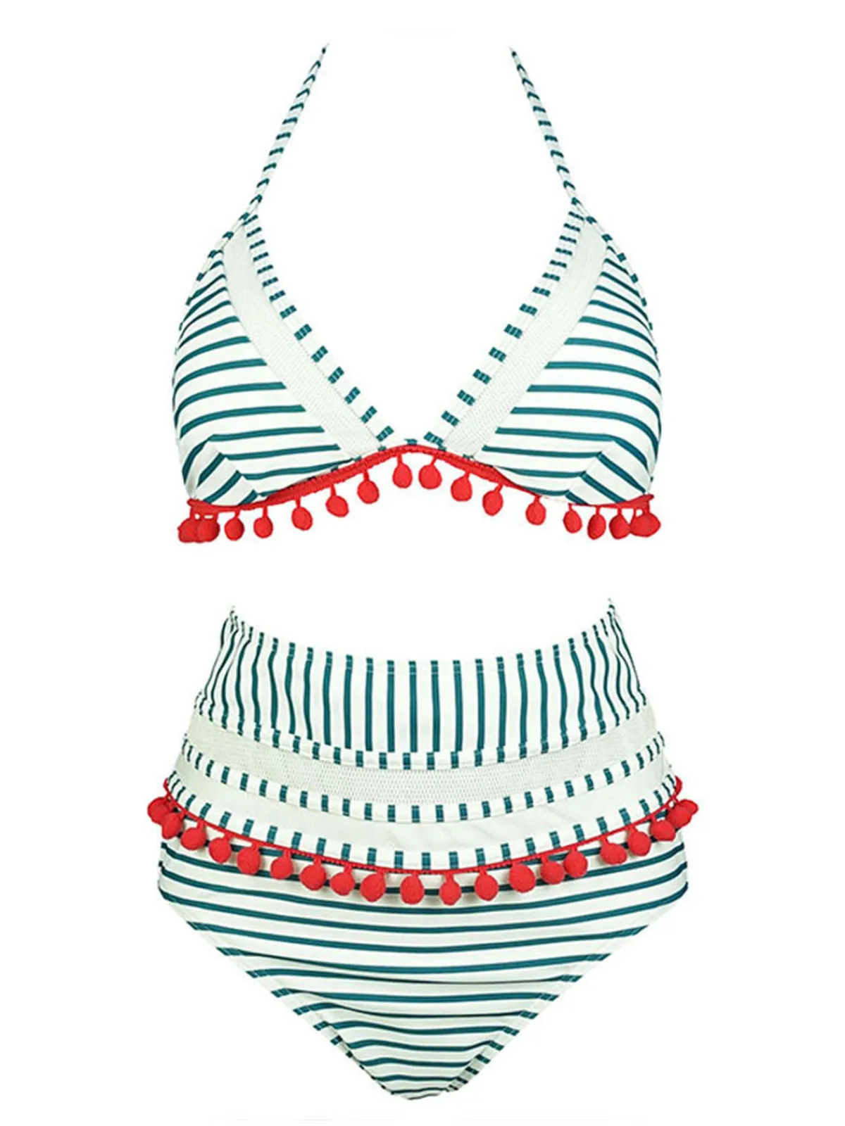 Online Retro Stage 1970s Fur Ball Pendant Tassel Striped Swimsuit