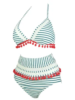 Online Retro Stage 1970s Fur Ball Pendant Tassel Striped Swimsuit