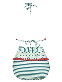 Online Retro Stage 1970s Fur Ball Pendant Tassel Striped Swimsuit
