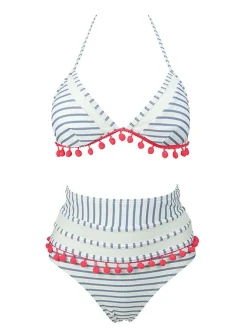 Online Retro Stage 1970s Fur Ball Pendant Tassel Striped Swimsuit