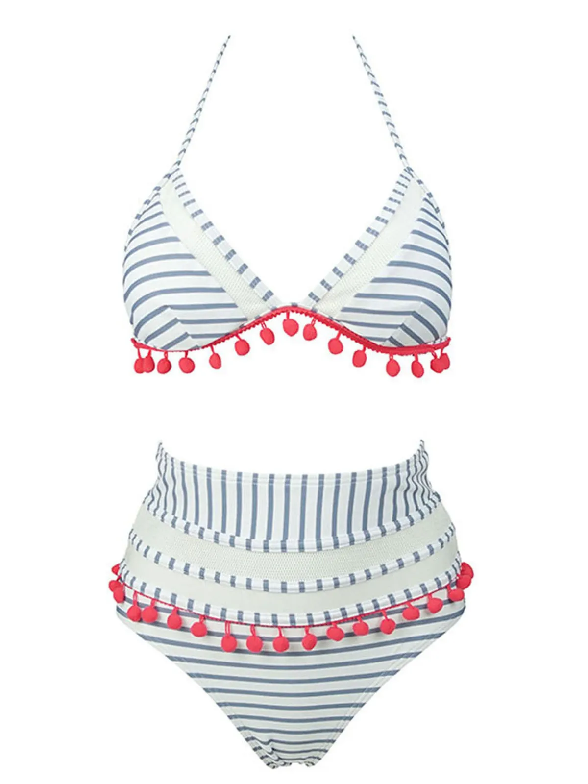 Online Retro Stage 1970s Fur Ball Pendant Tassel Striped Swimsuit