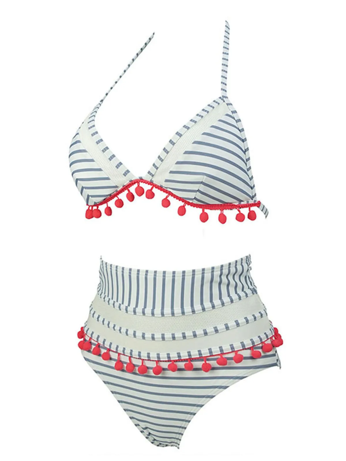 Online Retro Stage 1970s Fur Ball Pendant Tassel Striped Swimsuit