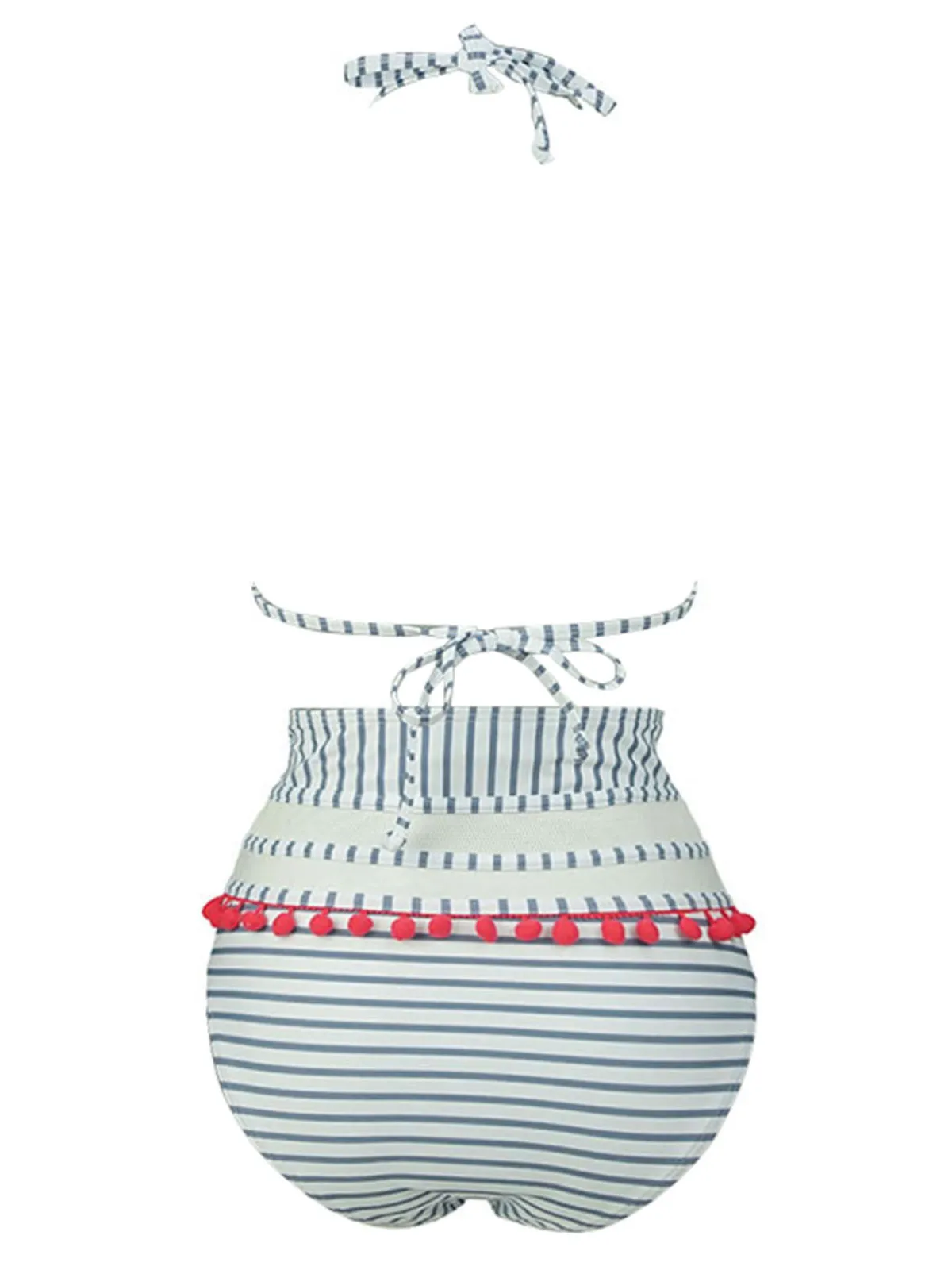 Online Retro Stage 1970s Fur Ball Pendant Tassel Striped Swimsuit