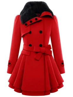 Online Retro Stage 1950s Fur Collar Waisted Winter Coat