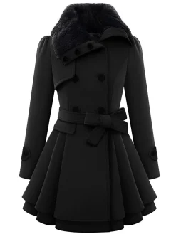 Hot Retro Stage 1950s Fur Collar Waisted Winter Coat