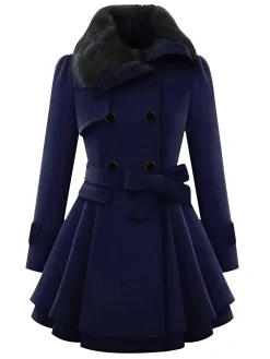 Fashion Retro Stage 1950s Fur Collar Waisted Winter Coat