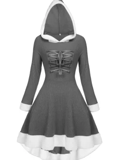 Sale Retro Stage 1950s Furry Patchwork Solid Lace-up Dress