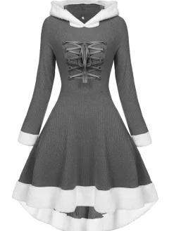 Sale Retro Stage 1950s Furry Patchwork Solid Lace-up Dress